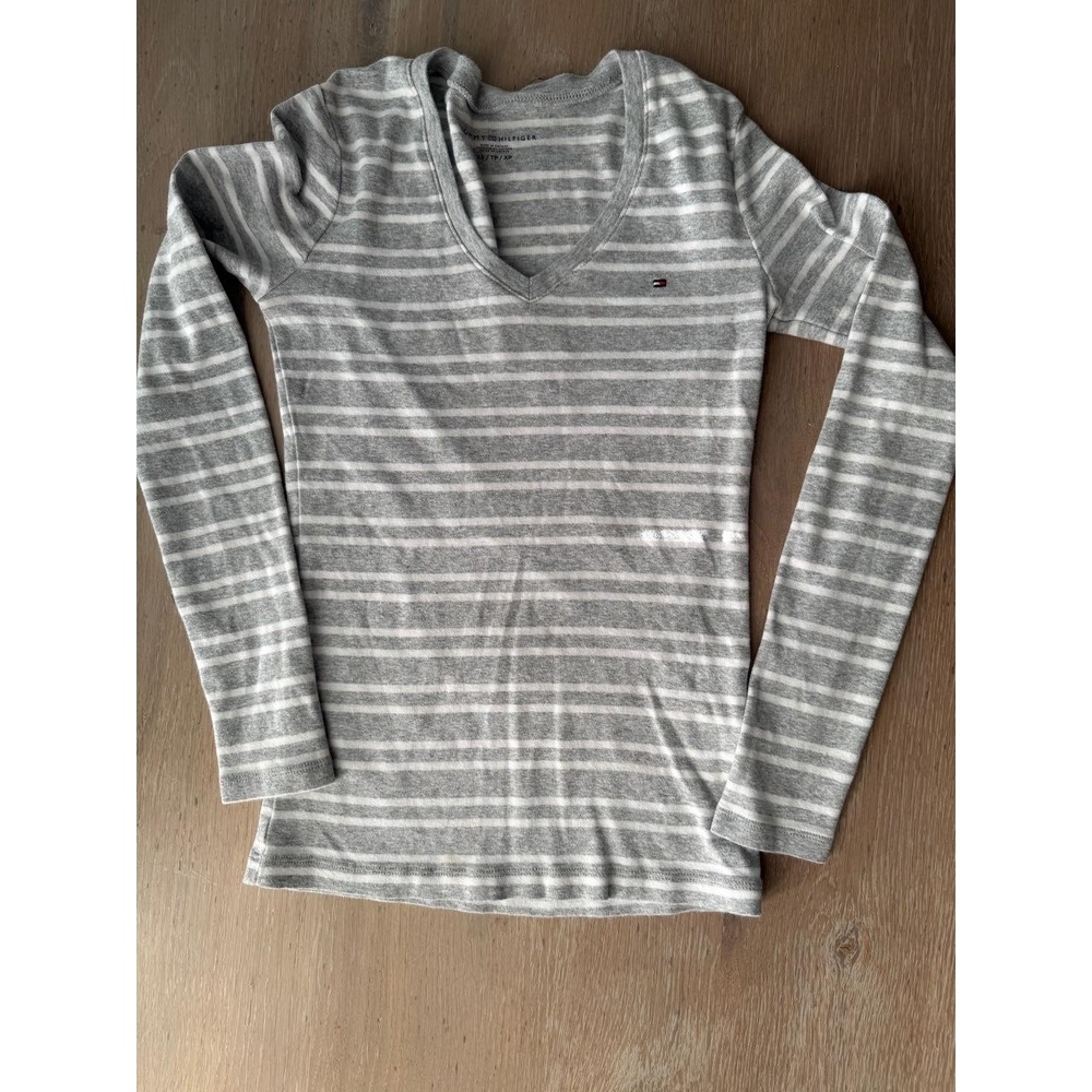TOMMY HILFIGER Womens XS Grey White‎ Striped Long Sleeve V-Neck Tee Casual